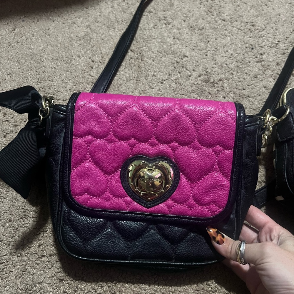 Betsey Johnson Pink and Black Heart Crossbody Bag